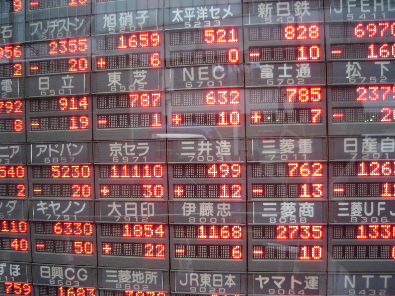 A wall of electronic stock-price display boards at night, each board showing rows of quoted prices.